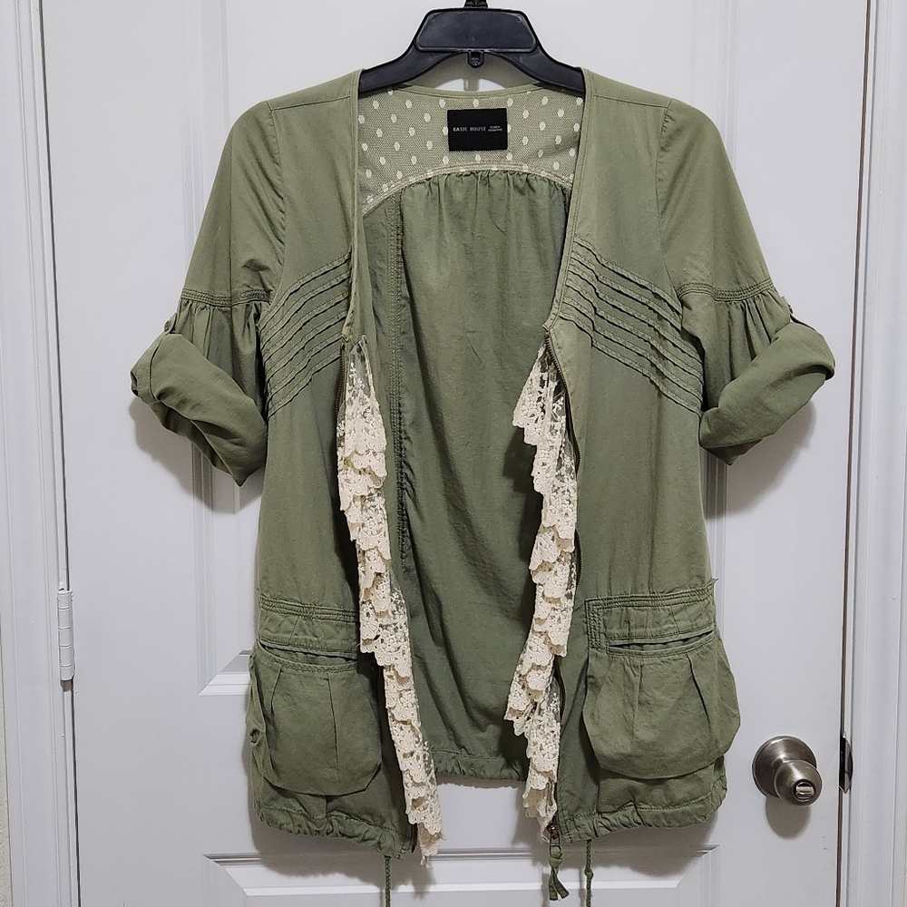 Basic House Women's S (160/84A) Green Roll Tab Sleeve Shacket Full Zip (Flaw)